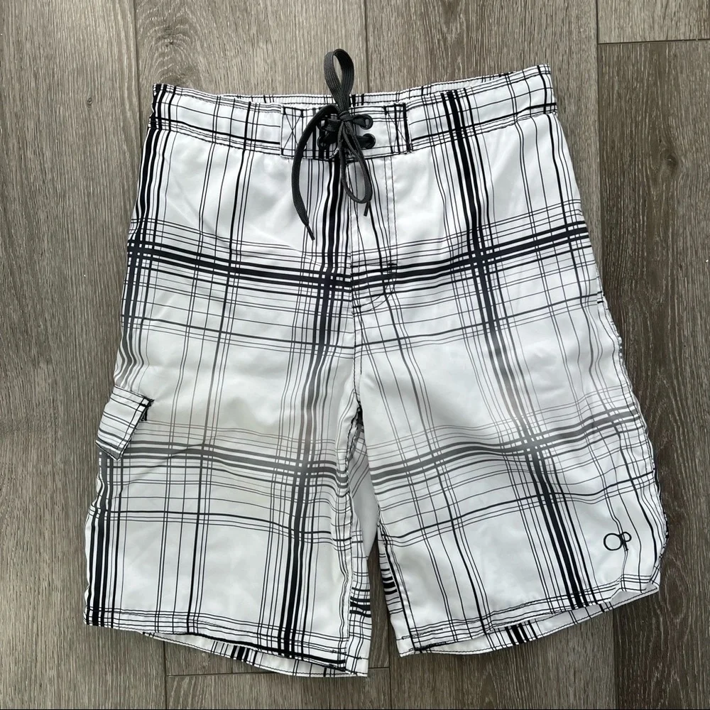 OP BOARD SHORT SWIM TRUNKS PLAID WHITE BLACK SMALL
